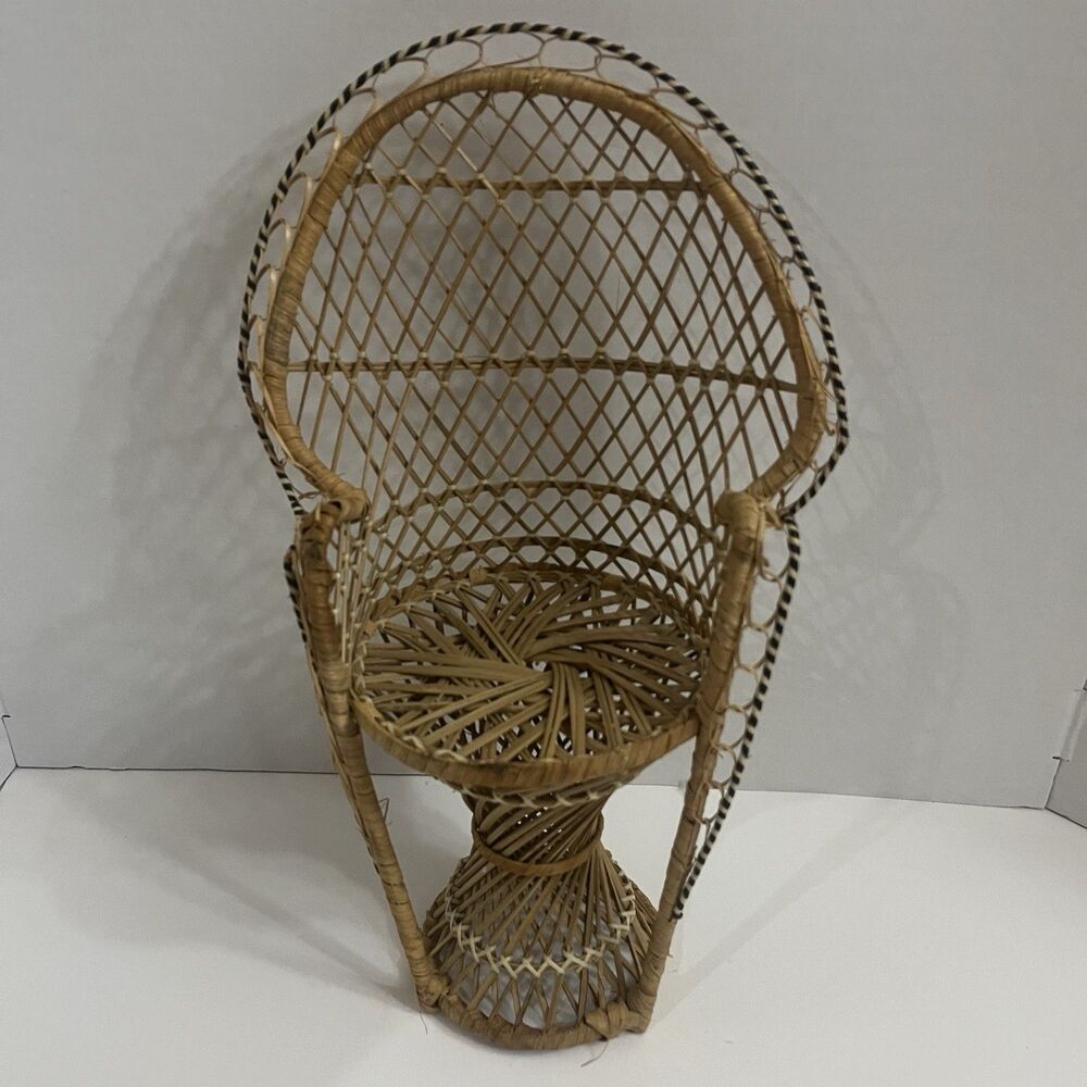Vintage Mini Wicker Peacock Chair Doll Furniture Rattan Fan Back 16in Boho Decor